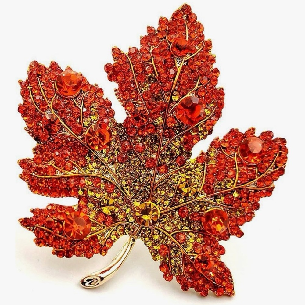 Gold-Tone Orange Crystal Maple Leaf Brooch. 2”.
